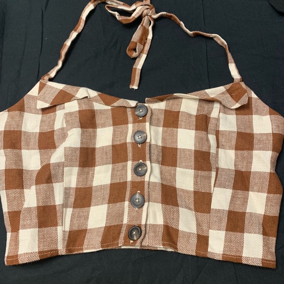 Reformation Connie Gingham Linen Crop Halter Top - Picture 3 of 5